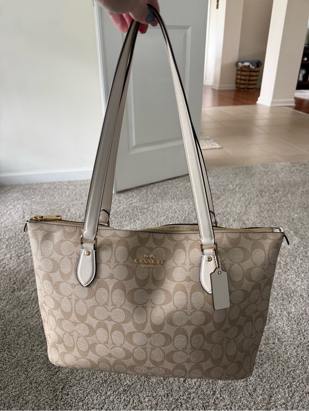 Coach Beige Signature Canvas Tote with Ivory Trim